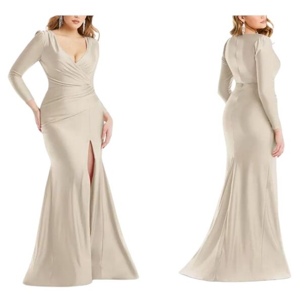 NWOT Cynthia & Sahar Long Sleeve Dress Champagne Ivory Stretch Satin Size XL - Picture 1 of 14
